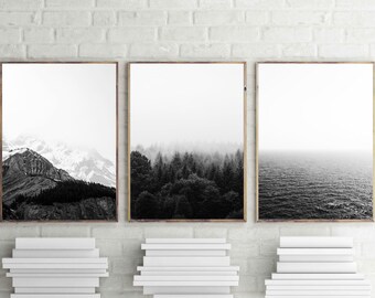 forest print, set of 3 wall art, affiche scandinave poster, ocean poster, black and white, minimal, Nordic home, Scandinavian Decor, digital