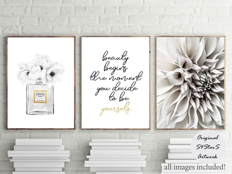 Black and gold Posters dahlia art Print Fashion Wall Art Inspirational Quote Vanity Decor Coco Paris Print Dressing Room Art Set of 3