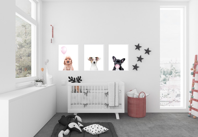 Cute Puppies, Nursery Wall Art, Dog Prints, Set of 3, Light Pink Posters, Bubble gum Print, Balloon Printable Art,Beagle Print,Girls Bedroom image 2