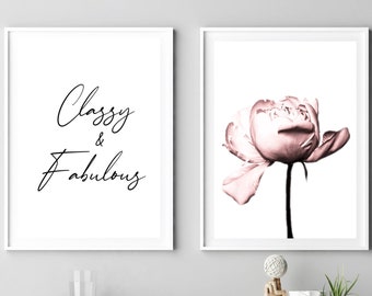 Classy and Fabulous print, fashion Printable Art, peony wall art, set of 2 prints, quote poster, blush pink decor, bedroom digital download