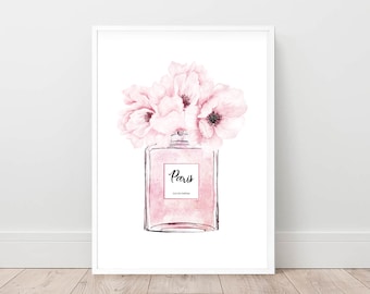 Può includere: Un'illustrazione ad acquerello di un flacone di profumo rosa con un motivo floreale. Il flacone ha un'etichetta che recita "Paris Eau de Parfum".