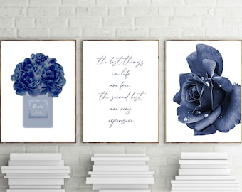 Dark Blue Flower Prints, Perfume, Quote Art, Set of 3 (Digital Art)