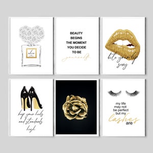 Set de láminas de moda, labios dorados, tacones, póster de perfume, set de 6 (descarga digital)