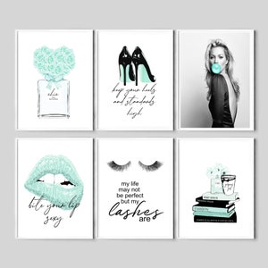 Impresión de moda en color verde azulado, arte de pared con agua de perfume, impresión de tacones, póster de rosas, juego de 6, cita imprimible, decoración turquesa, impresión de labios, libros de moda