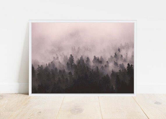 Pink Foggy Photography Mountain Poster Foggy Mountain Print Forest Fog Print Scandinavian wall art Nordic Nature Print Minimal Art