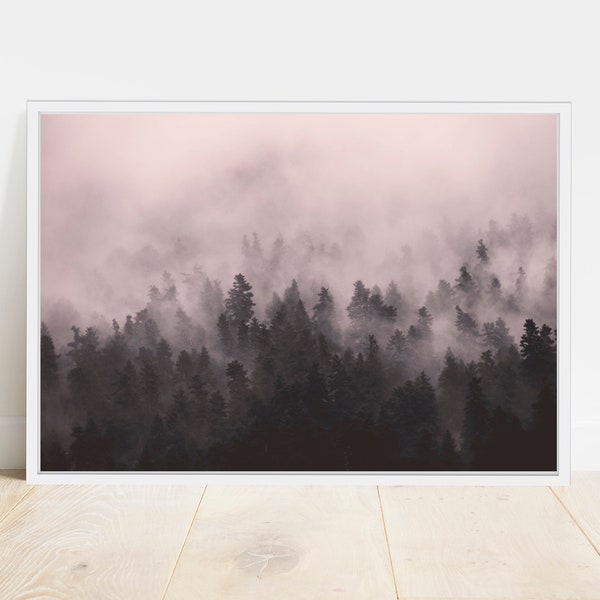 Forest Fog Print, Foggy Mountain Print, Scandinavian wall art, Mountain Poster, Nordic Nature Print, Pink Foggy Photography,  Minimal Art