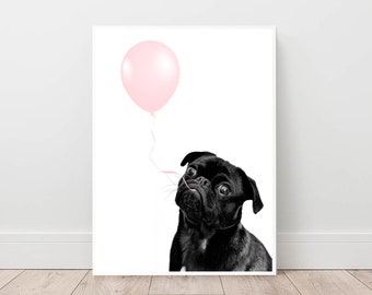 pug print, pink nursery wall art, blush pink print, puppy poster, black pug art, pink balloon print, baby girls bedroom, digital download