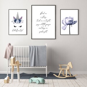 unicorn print, nursery wall art, set of 3, purple blue posters, quote wall art, lilac peony print, kids bedroom, girls décor,flower wall art image 4