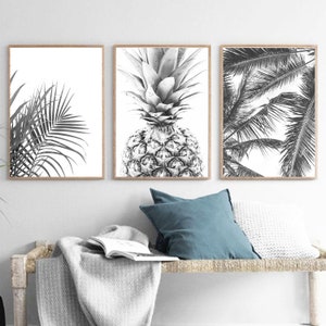 Palm leaves printable art, set of three, tropical prints, pineapple poster, black and white, minimal decor, palm tree wall art, digital art image 4