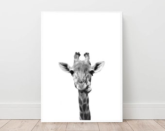 Giraffe print, nursery wall art, large poster, black and white wall decor, funny art, safari animals, bedroom decor, digital download