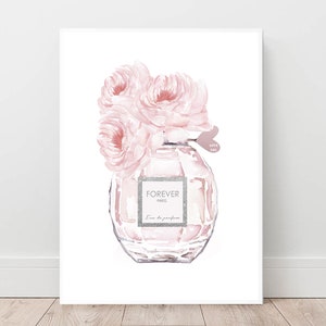 Impresión de perfume de moda, arte de pared rosa ruborizado, póster de rosas, arte de perfume de amor, decoración de tocador, decoración de vestidor, descarga digital, impresión de moda