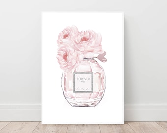 Può includere: Un'illustrazione ad acquerello di un flacone di profumo rosa con un'etichetta argentata che recita "FOREVER PARIS Eau de Parfum". Il flacone è decorato con un ciondolo a forma di cuore rosa e circondato da rose rosa.
