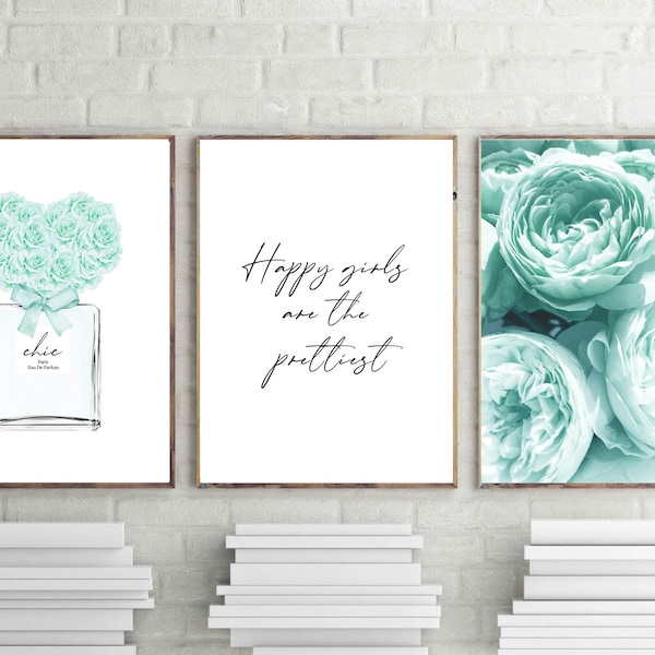 Teal fashion print, eau de perfume wall art, peonies print, roses perfume poster, set of 3, turquoise décor, happy girls quote printable