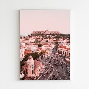 Athen Fotografie, Monastiraki Poster, rosa Stadt zum Ausdrucken, Akropolis Parthenon Wandkunst, Monastiraki Fotografie, Architektur, digitale Kunst