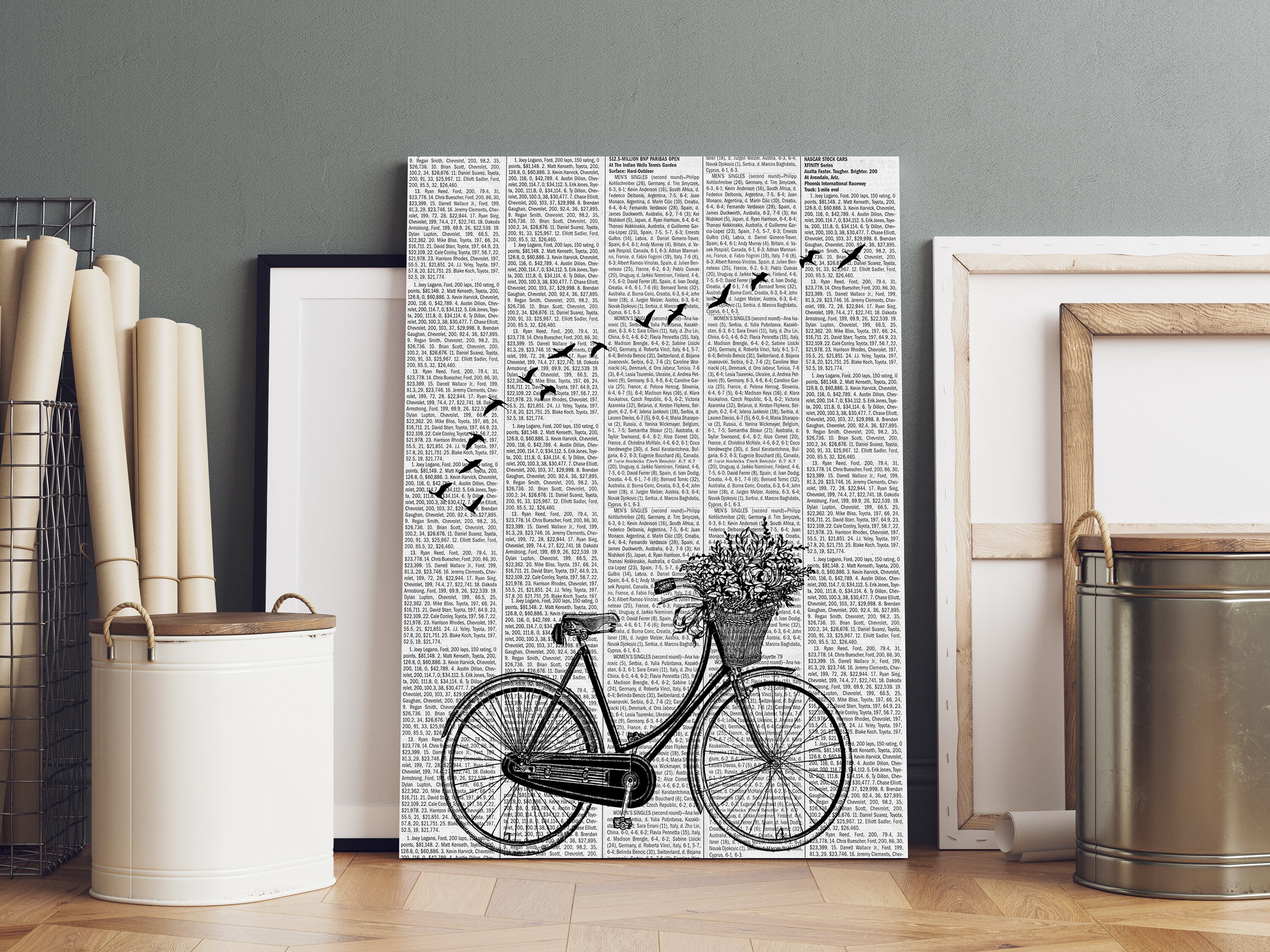 Bike Vintage Print Birds Abstract Art Birds Wall Art Newspaper Wall Decor  Bike Poster Birds Minimal Art Minimalism Decor Modern Wall Art 