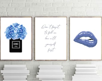 fashion prints, navy blue wall art, set of 3, blue flowers, fashion posters, chic Paris perfume art, blue lips print, bedroom decor,digital