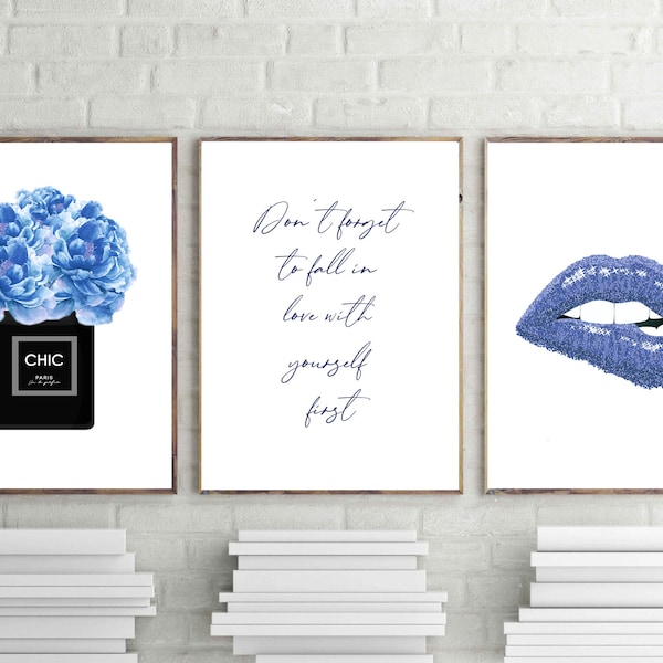 fashion prints, navy blue wall art, set of 3, blue flowers, fashion posters, chic Paris perfume art, blue lips print, bedroom decor,digital