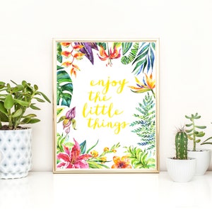 Impresión de la cita, estilo gitano Boho, disfrutar de las pequeñas cosas, arte de la pared tropical, cartel de la acuarela, signo de tipografía, impresión digital, decoración Boho