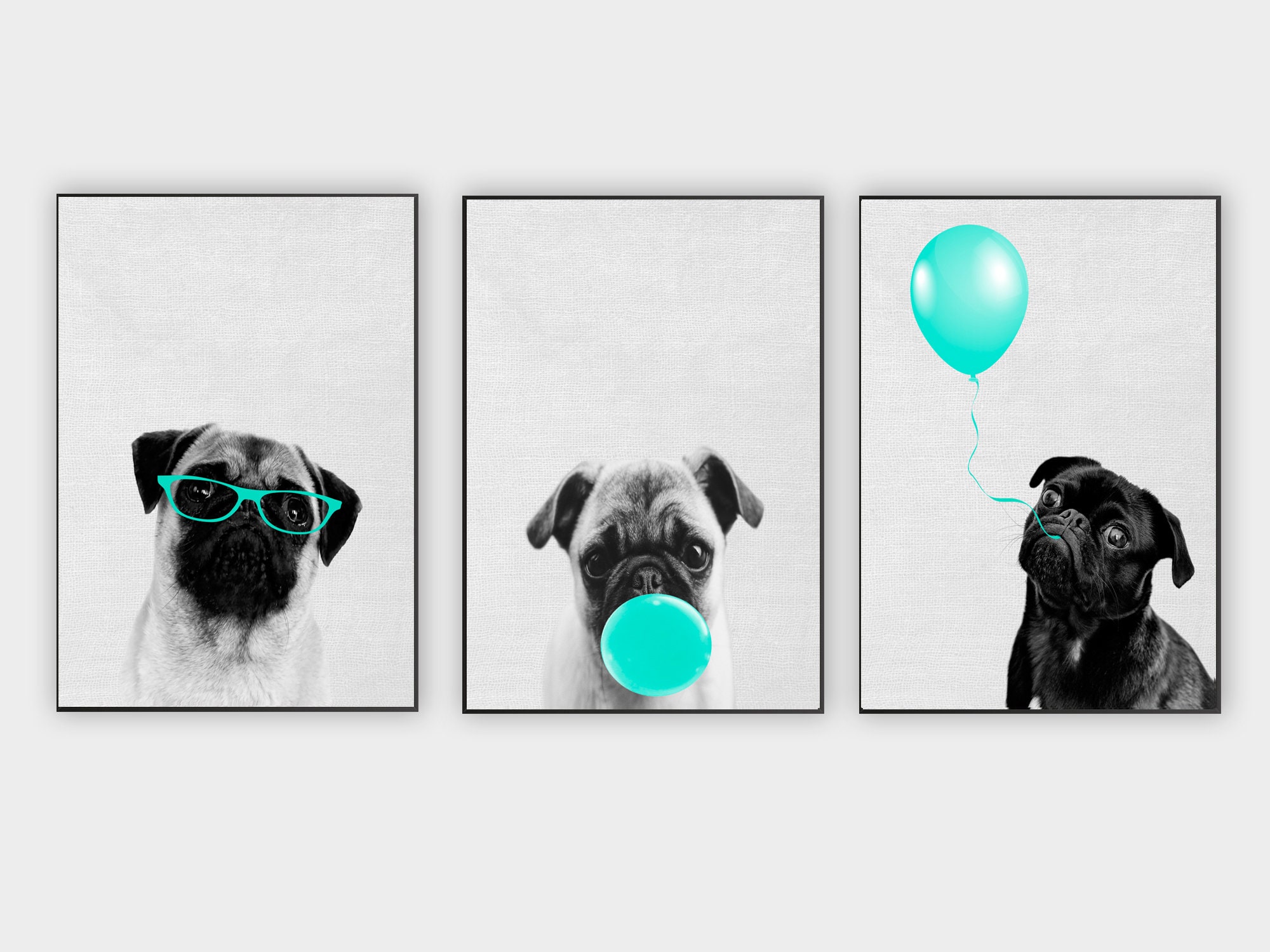 Pug Prints, Set of Pugs, Teal Prints, Nursery Wall Art, Puppy