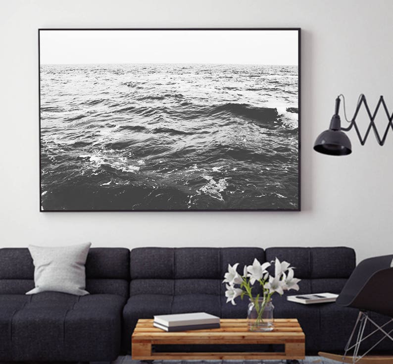 sea print, ocean wall art, black and white, calm sea photography, coastal print, minimal decor, waves print,nautical decor, digital download image 2