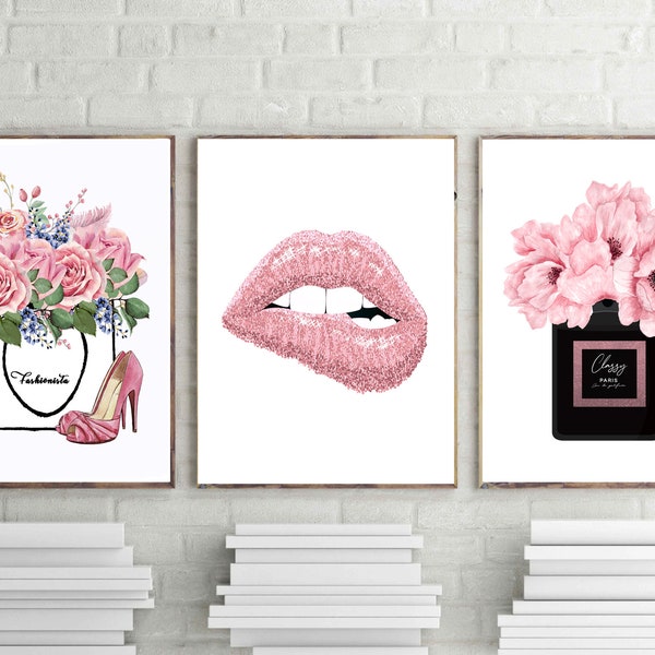 fashion prints, pink lips poster, classy perfume art décor, set of 3, roses fashion bag poster, heels print, bedroom décor, digital download