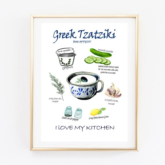 Rezept Drucken Kuche Essen Druck Tzatziki Aquarell Wandkunst Etsy