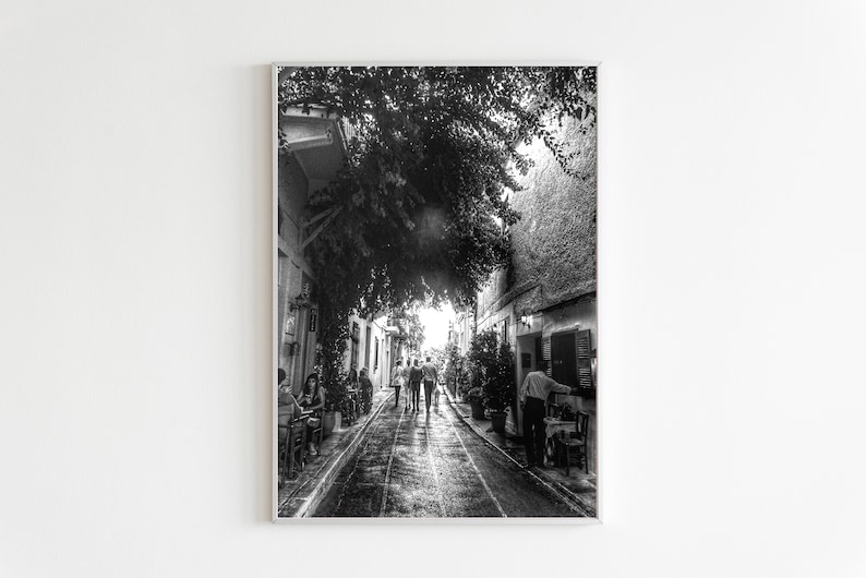 Greece print, Athens printable art, black & white photography, people photography, Athens wall art, plaka anafiotika print, digital download image 1