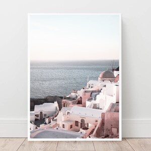 Santorini Greece Print, Pink & White Village, Travel Photography (Digital Download)