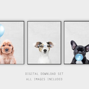 Cute Puppies, Nursery Wall Art, Dog Prints, Set of 3, Light Blue Posters, Bubble gum Print, Balloon Printable Art, Beagle Print, Kid Bedroom