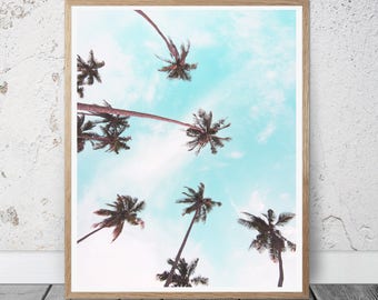 Palm Trees Print, Tropical Wall Art, Digital Download,  California Print, Beach Photography, Nature Art, Large Poster Print, Light Blue
