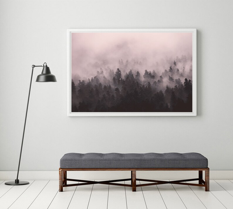 Pink Foggy Photography Mountain Poster Foggy Mountain Print Forest Fog Print Scandinavian wall art Nordic Nature Print Minimal Art