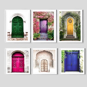 Puertas wall art, conjunto de impresiones de puertas verticales y cuadradas, puertas mediterráneas, arte puertas orientales, púrpura azul verde fucsia amarillo puerta blanca