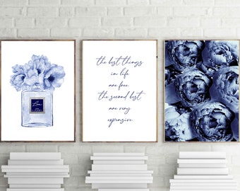 Fashion prints, Paris Perfume Poster, navy blue wall art, set of 3, Love Paris perfume art, quote wall decor,Royal Blue art,digital download