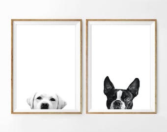 dog print, Labrador wall art, Boston Terrier printable, picaboo animal poster, minimal wall decor, set of two,nursery art, black&white, art