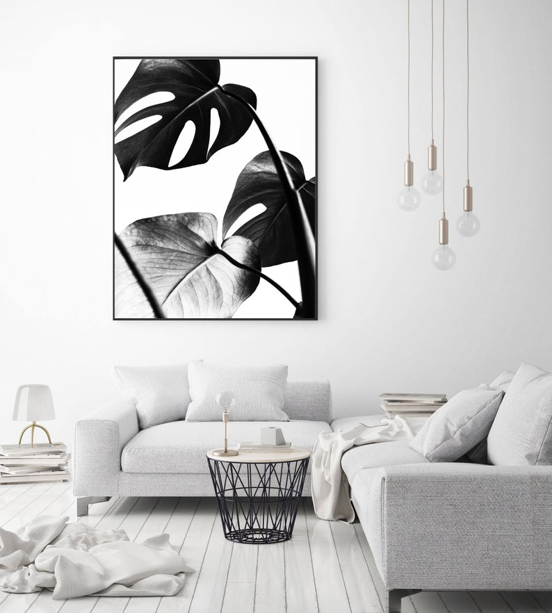 Monstera print, tropical leaves wall art, plant poster, black and white, minimal decor, bedroom digital download, botanical printable art image 4