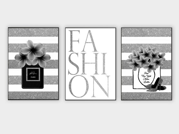 Fashion Wall Art, Silver Perfume Prints, Paris Bedroom Decor (Digital Download)