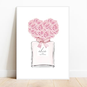 Impresión de perfume, arte de la pared de la moda, Eau De Parfum Paris, cartel rosa rubor, flor imprimible, cartel de rosas, descarga de San Valentín, corazón de rosas