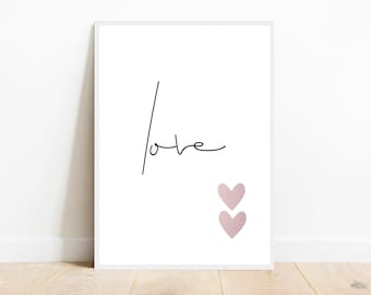 Love poster, Hearts Print, Blush pink Heart Art, Quote wall art, Wording Printable, Bedroom decor, Kids gift, Lovers Print, digital download