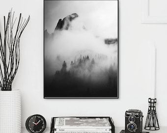 Foggy Mountain Forest Print, Nordic Black and White Art (Digital Download)
