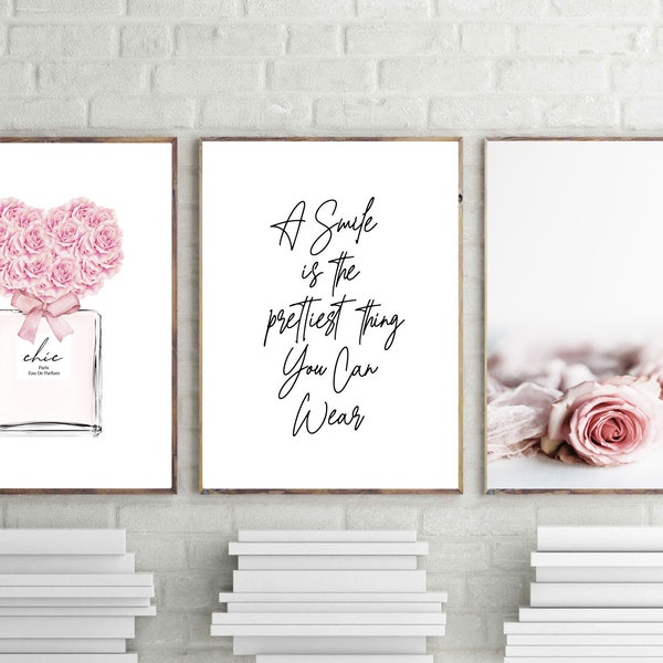 fashion prints, perfume poster, pink roses prints, set of 3, fashion wall art, prettiest girls quote, bedroom wall art, blush pink download