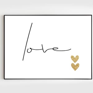 Hearts Poster, Love Sign Wall Art, Gold hearts Art, Love Typography, Quote Poster, Minimalism, Nordic Home, Digital Horizontal Print