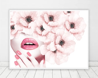 fashion print, peonies Paris print, model wall art, woman portrait art print, peonies print, blush pink decor,  lips print, digital download