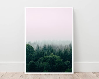 Pink Lilac Fog Forest Print, Scandinavian Wall Art (Digital Art)