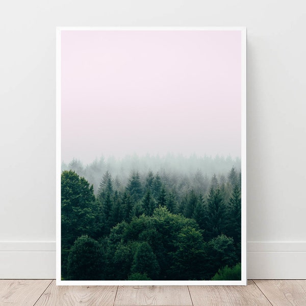 Forest wall Art, Forest Print, Tree Print, Pink Lilac Print, Forest Wilderness, Fog Forest, Nature Wall Art, Scandinavian decor, Digital Art