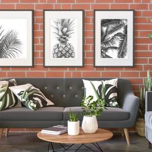 Palm leaves printable art, set of three, tropical prints, pineapple poster, black and white, minimal decor, palm tree wall art, digital art image 5