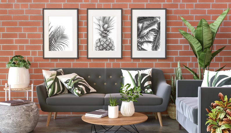 Palm leaves printable art, set of three, tropical prints, pineapple poster, black and white, minimal decor, palm tree wall art, digital art image 5