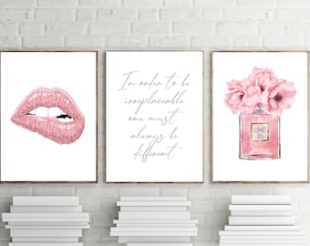 Modeprints roze parfum en lippen, set van 3 (digitale download)