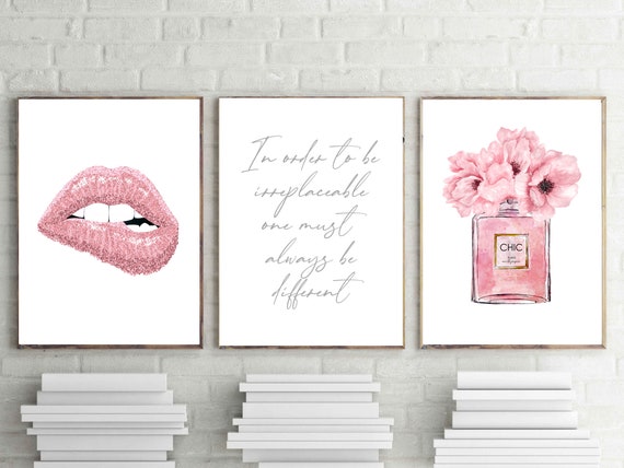 Chic Perfume Print Fashion Wall Art Pink Lips Poster 