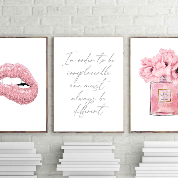 chic perfume print, fashion wall art, pink lips poster, perfume print, grey quote paris,set of 3,vanity decor, bedroom decor, print download