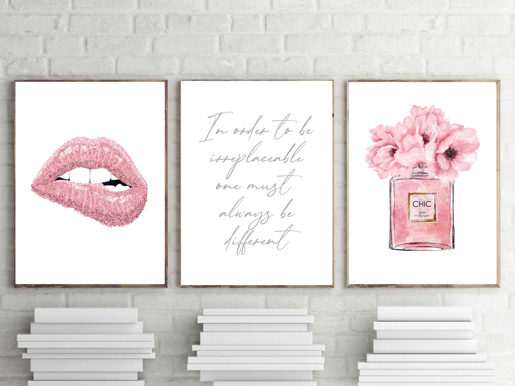 Fashion Glam Wall Art Decor Prints - Chanel Pink Wall Decor For Girls  Bedroom Makeup Room - Glam Decor Wall Posters - Perfume Handbag Makeup Art  